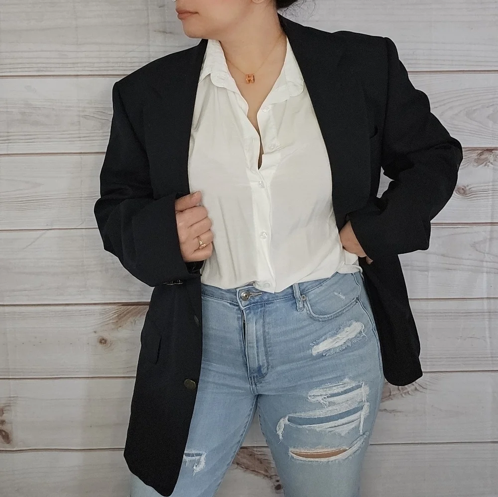 Vintage Oscar de la Renta Admiral Wool Blazer in Navy Blue Size 42 Regular